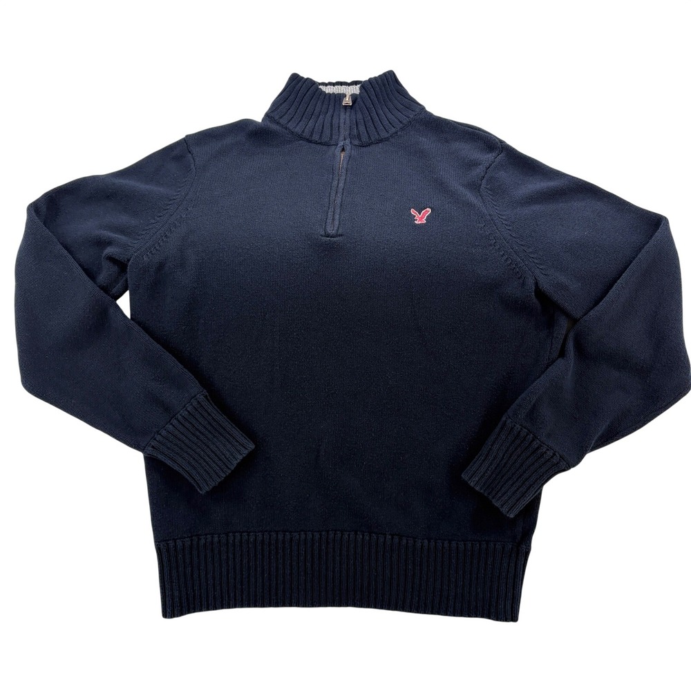 American‎ Eagle Mens XL Navy Blue 100% Cotton Quarter Zip Mock Neck Sweater Logo